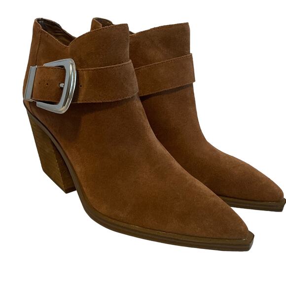 Vince Camuto Gidgey Brown Suede Snip Toe Cuban Mid Heel Ankle Booties NEW Sz 9 - Picture 1 of 9